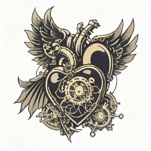 A Biological Shaped Human Heart In Steam Punk Design Enclosed And Protected By Demon Wings