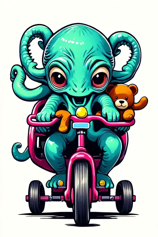 Baby Cthulhu Riding Tricycle And Carrying A Teddy Bear