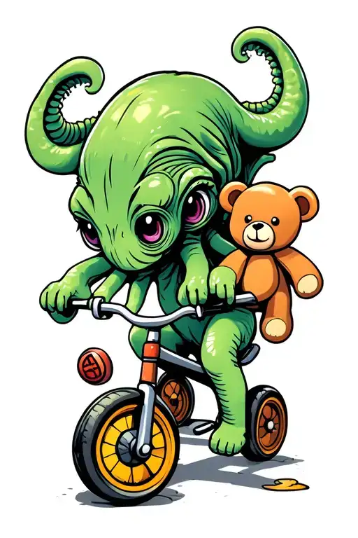 Side View Of Baby Cthulhu Riding Tricycle And Carrying A Teddy Bear