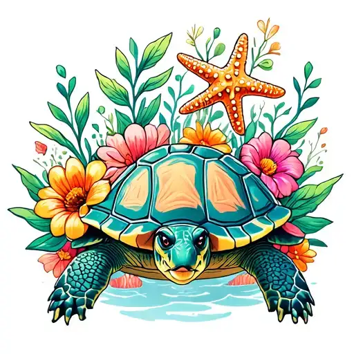 Flowers Surrounding Turtle And Starfish