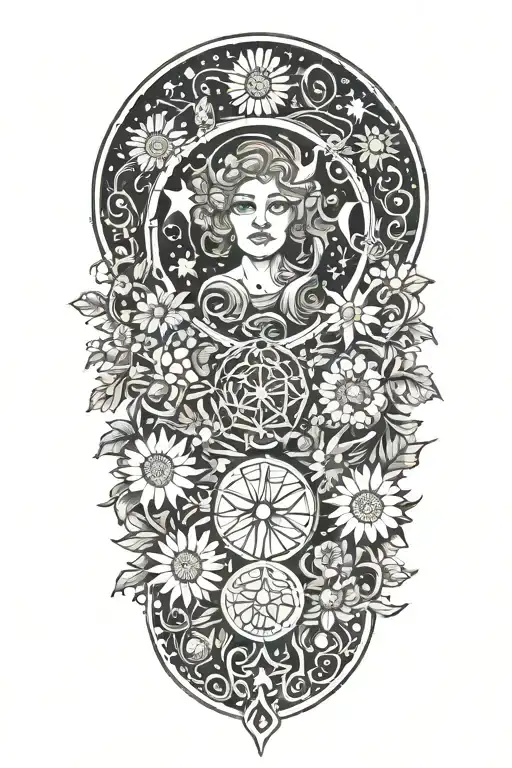 Triple Moon Goddess Symbol Surrounded By Daisys