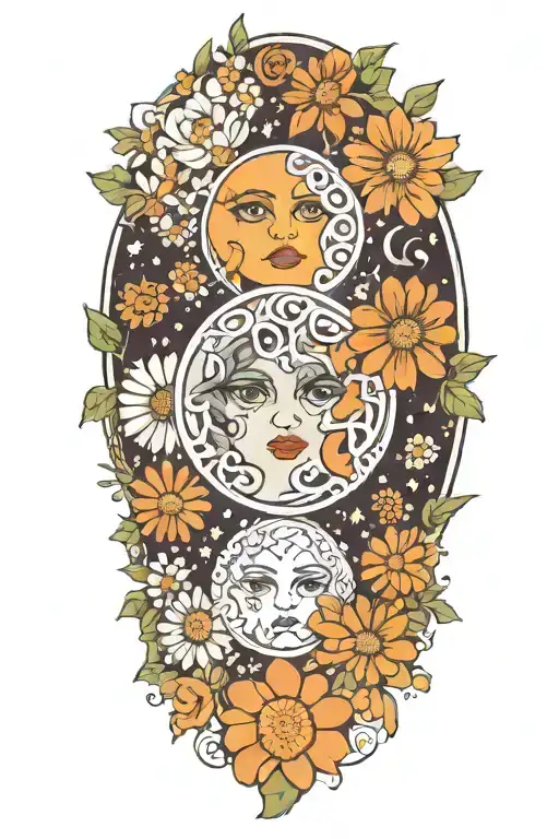 Triple Moon Goddess Symbol Surrounded By Daisys