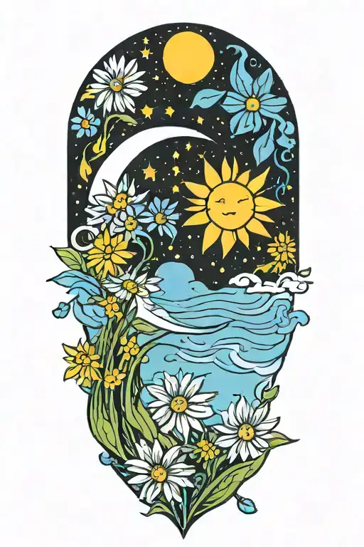 Crescent Moon Surrounded By Daisys