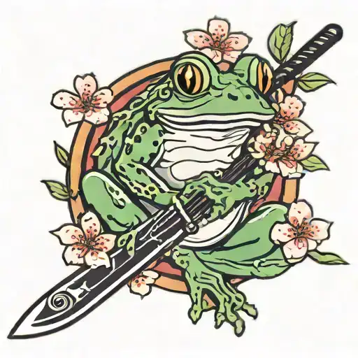 Japanese Frog With Sword And Cherry Blossom Tree