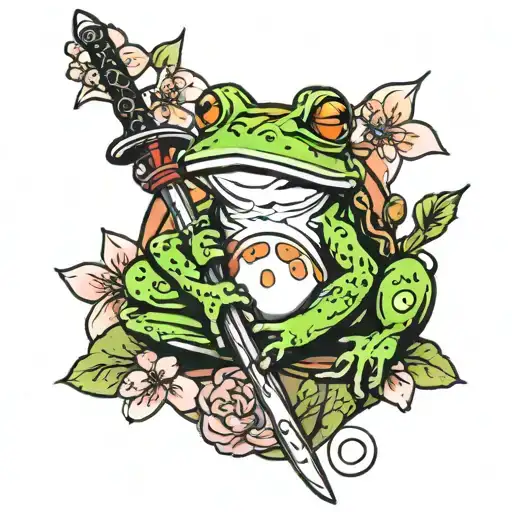 Frog With Sword And Cherry Blossom Tree In Background