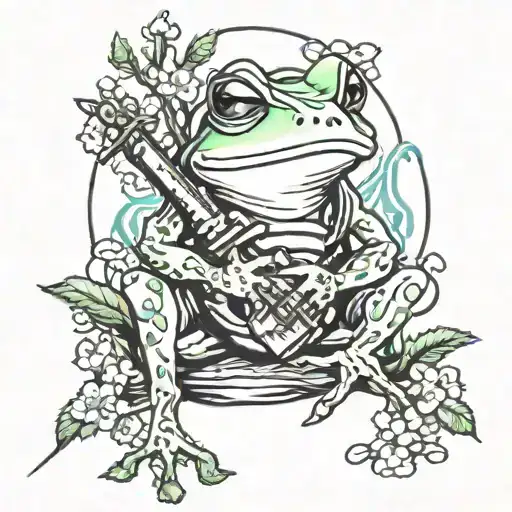 Frog With Sword And Cherry Blossom Trees