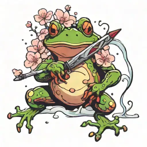 Frog With Sword And Cherry Blossom Tree Snow Falling