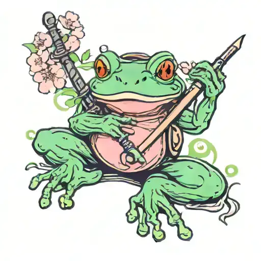 Frog With A Sword And Cherry Blossom Tree Behind