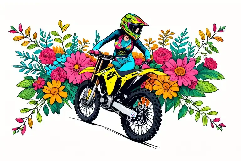 Woman In Dirtbike Helmet Surrounded By Flowers Riding Dirt Bike