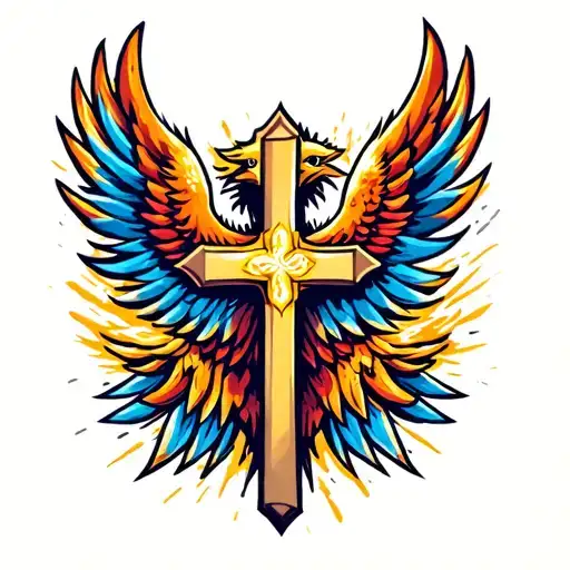 Cross And Phoenix Wings Spread Bright
