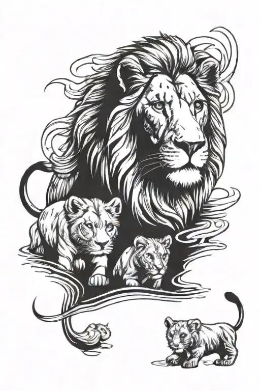 Lion & Two Cubs In Reflective Pool Family Holding Hands