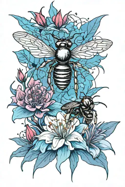 Red Inked Cyborg Chrome Carpenter Bee Landing On A Holographic Blue Spider Lily