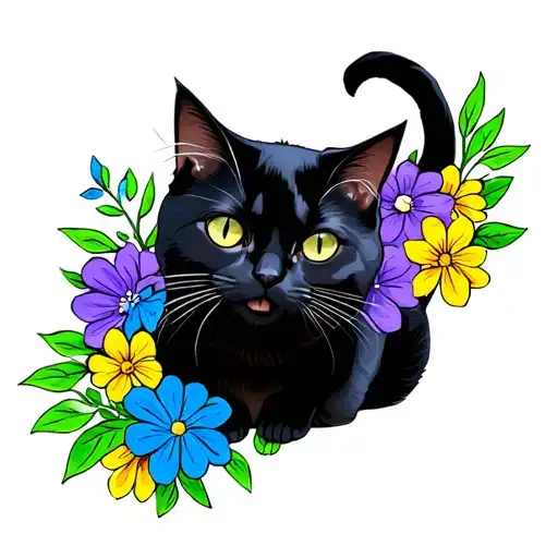 Black Cat With Blue Yellow And Purple Flowers