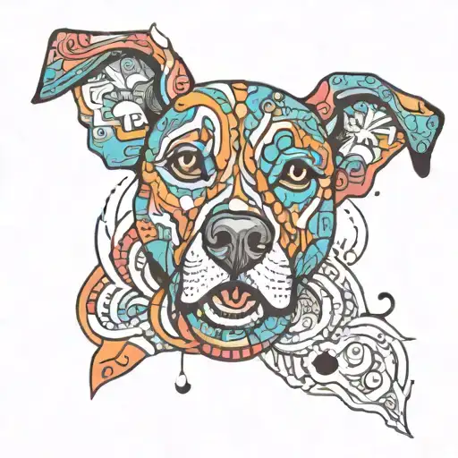 A Colorful And Vibrant Tattoo Of A Dog Named Albert Surrounded By Psychedelic Patterns