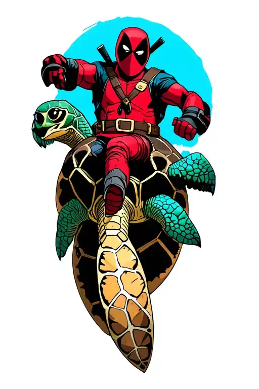 Cowboy Baby Deadpool Riding A Sea Turtle