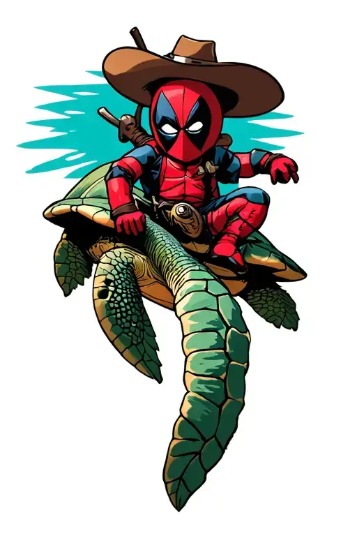 Cowboy Baby Deadpool Riding A Sea Turtle
