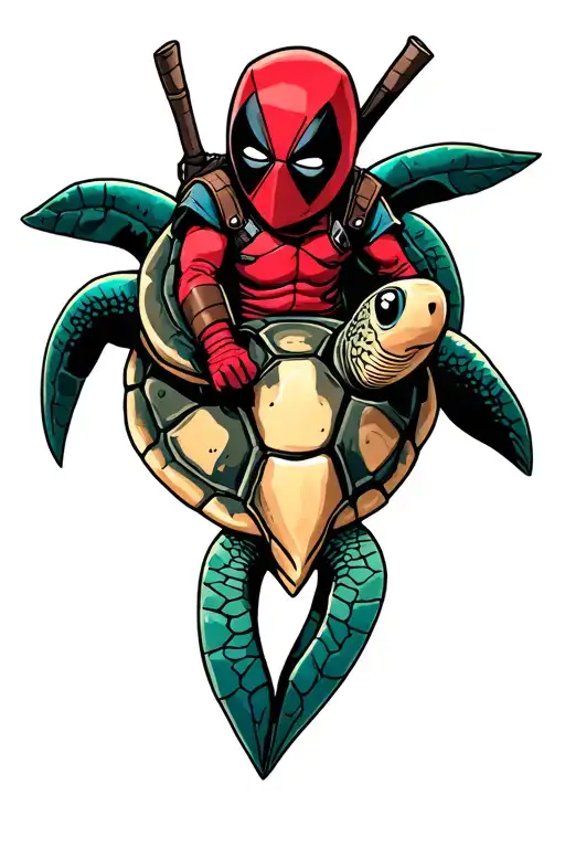 Cowboy Baby Deadpool Riding A Sea Turtle