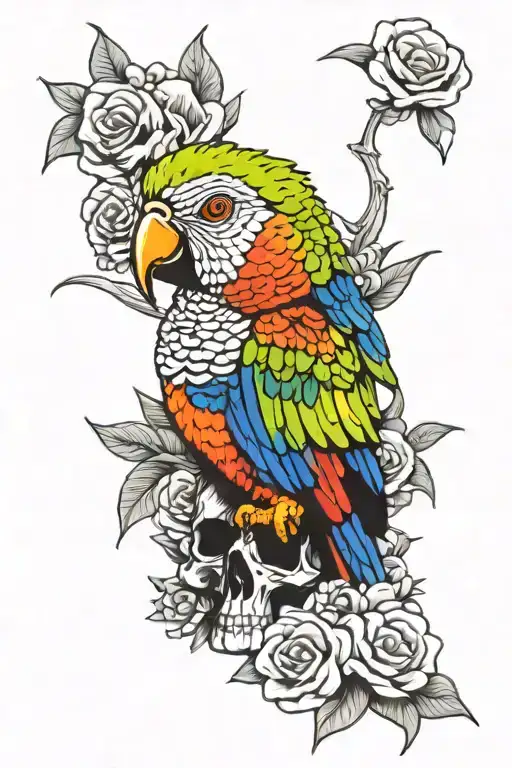 Rainbow Lorikeet Standing On Top Of Skull With Flowers