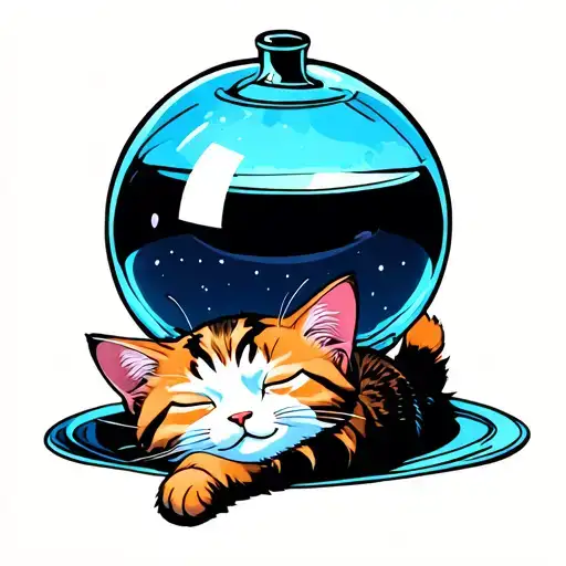 A Cute Cat Sleeping On Its Back At The Bottom Of A Spherical Bottle That Is Like A Potion