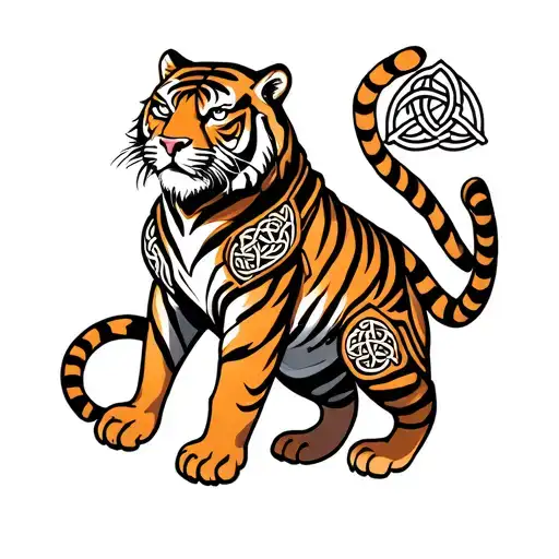 Tiger On A Armor Tattoo Design Featuring Celtic Trinity Knot