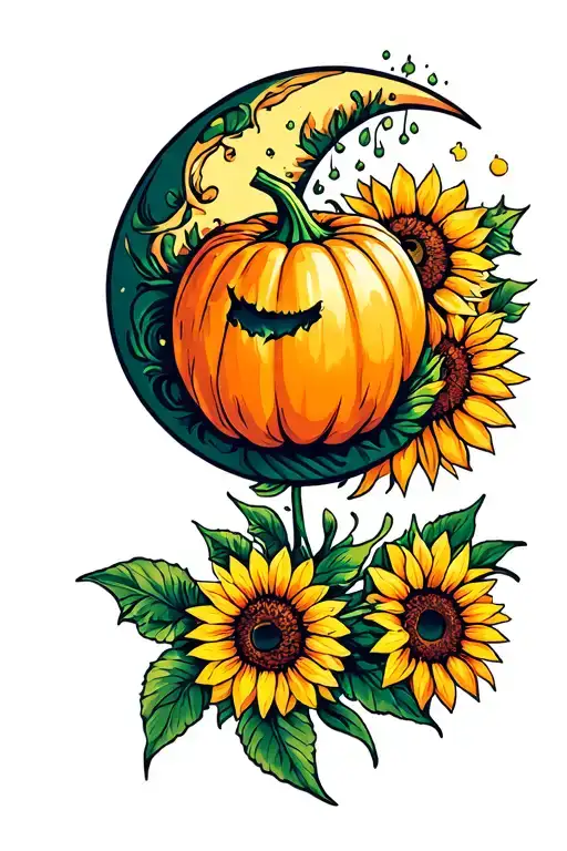Pumpkin Crescent Moon And Sunflowers