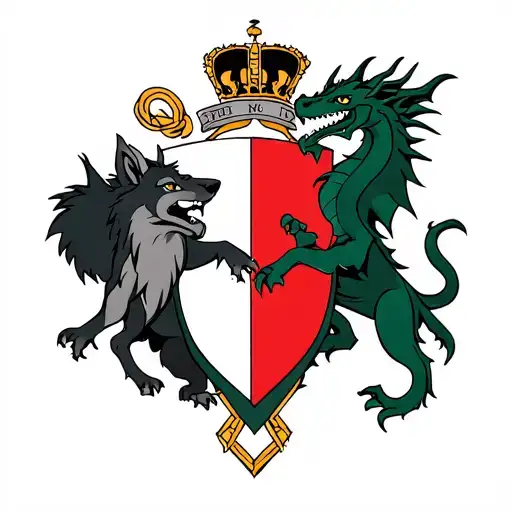 Family Crest With Wolf On The Left Of The Shield And Dragon On The Right