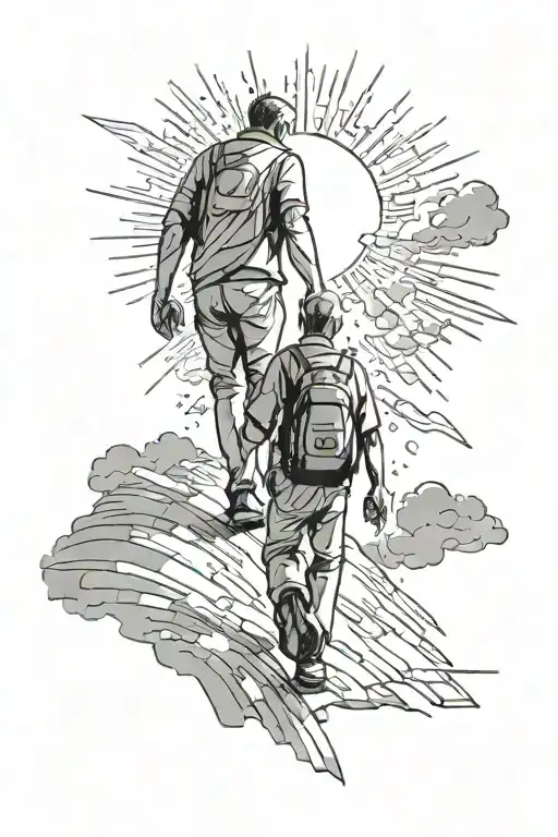 Sun Rays Shining With Father And Son Walking Together