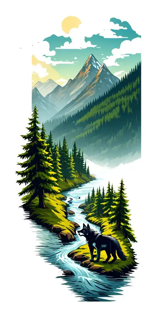A River Winding Through A Forest Leading To Mountains With Wolf