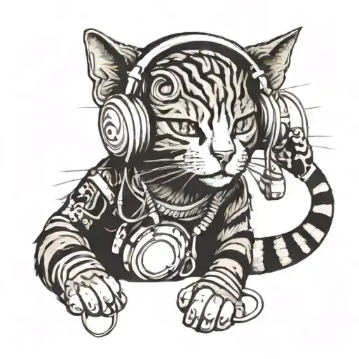 A Blackwork Tattoo Of A Cat Wearing Headphones Listening To Music
