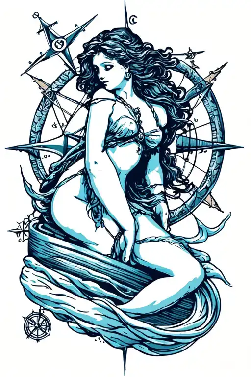 Female Aquarius With Ship And Compass Rose Intertwined