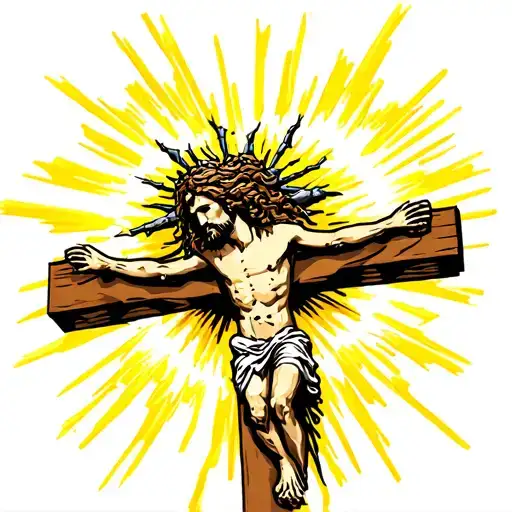 Jesus On Cross With Thorn Crown And Light Shining Get Blue Shining Yellow And Brown In There