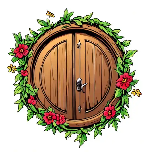 Circle Wooden Door With Vines And Flowers Around The Edges