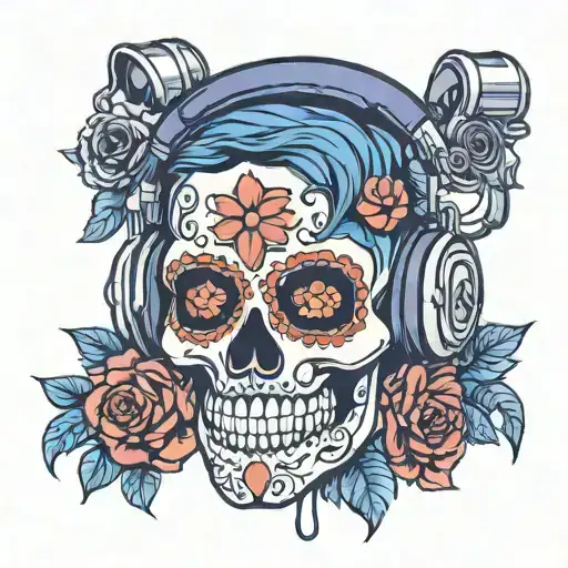 Sugar Skull Wearing Headphones