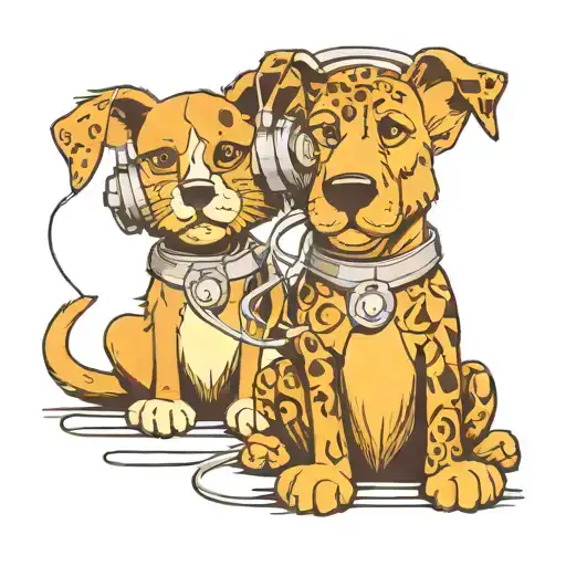 A New-school Tattoo Of A Dog And Cat Wearing Headphones Jamming Out To Music Together