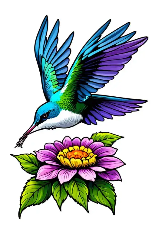 Blue Purple Cream Green And R Colored Hummingbird In Flight With Wings Above And Feeding On Flower
