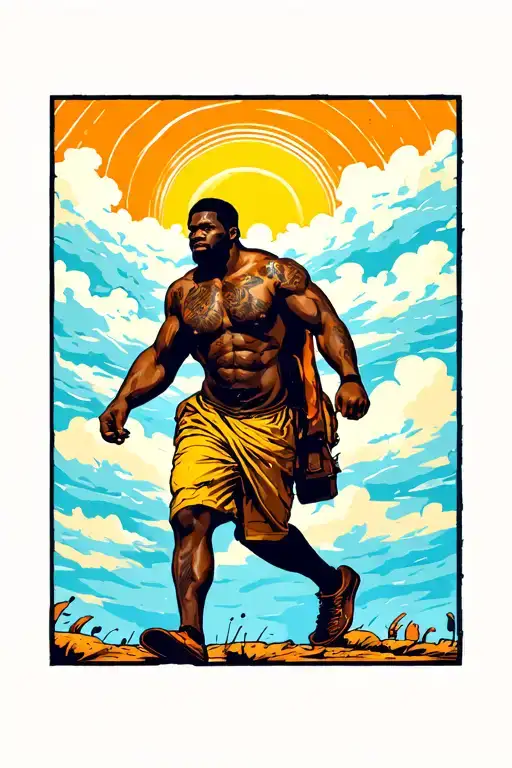 Strong Black Man Walkin Toward The Sun Rising With Clouds