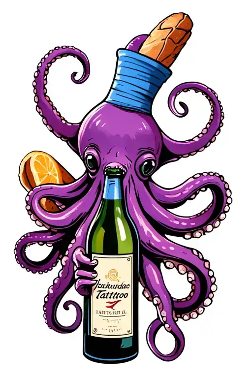Octopus Holding Wine Bottle And Baguette