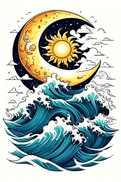 Sun And Moon With Waves Flowing