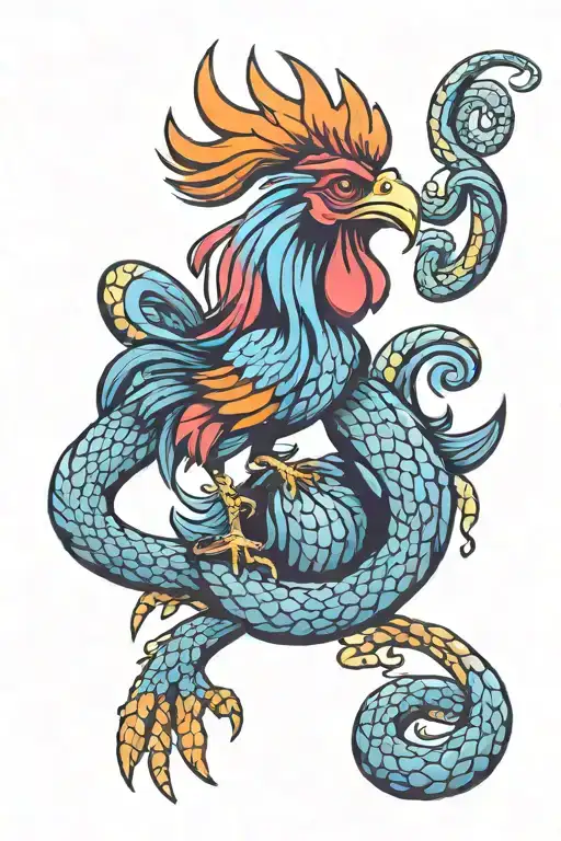Colorful Rooster Fighting Blue Snake