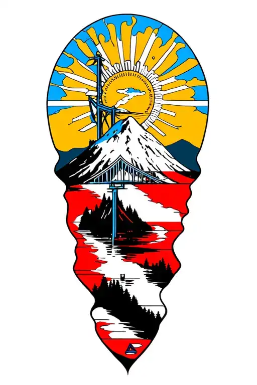 Croatian Flag Wrapped Narrows Bridge Mount Rainier And Rising Sun