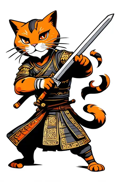 Orange Cat Samurai Warrior Wielding A Sword