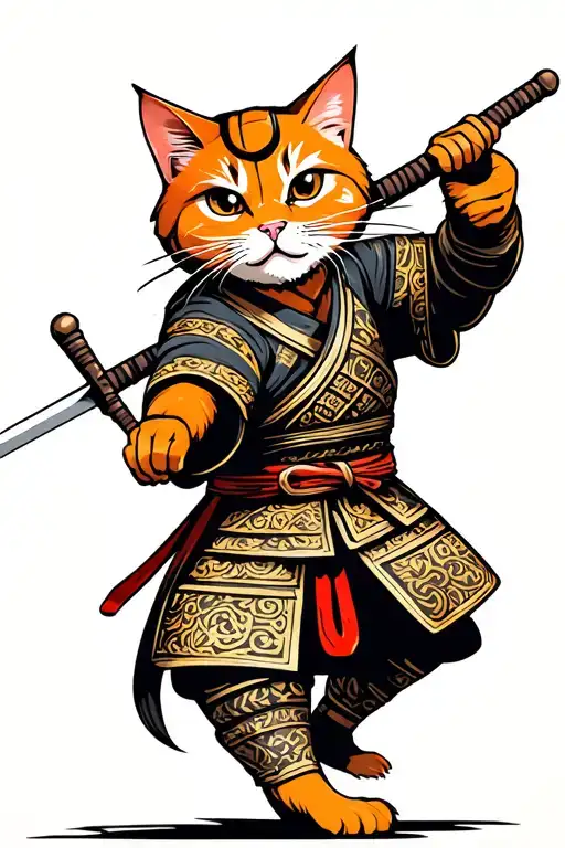 Orange Cat Samurai Warrior Swinging A Sword