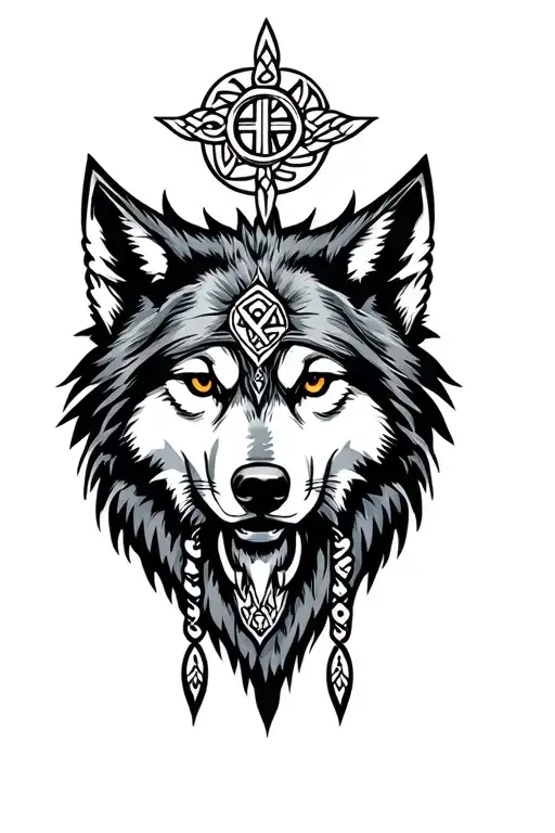 Wolfs Head Surounded By Native American And Celtic Symbols