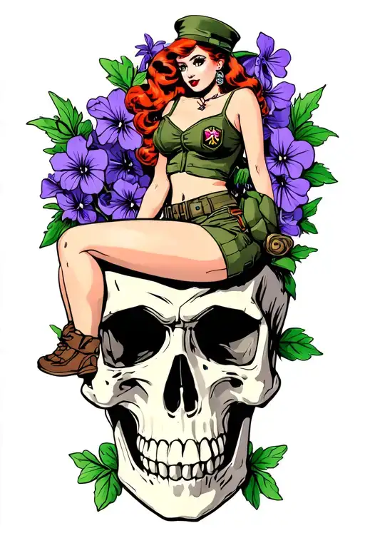 Pinup Girl Military Sitting On A Skull With Violets