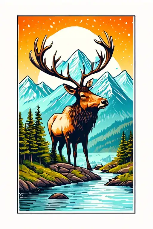 Mountain & River With Elk