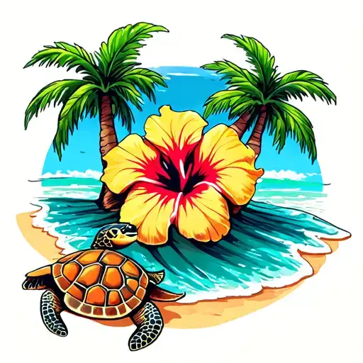 Hibiscus Turtles Palm Tree Beach Sea Sun