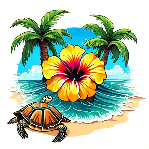 Hibiscus Turtles Palm Tree Beach Sea Sun