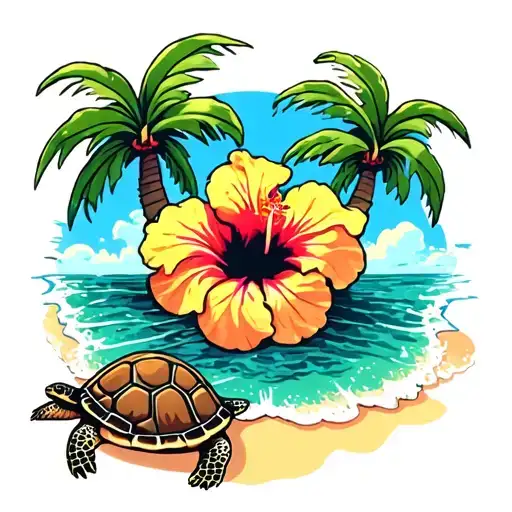 Hibiscus Turtles Palm Tree Beach Sea Sun