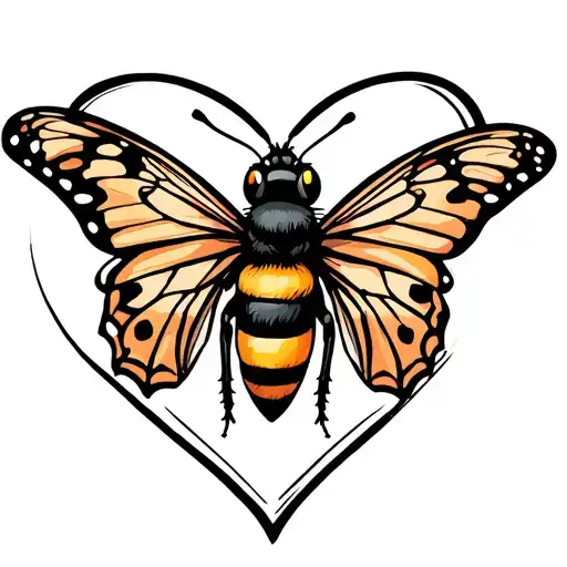 Butterfly And Bee Surrounded In A Heart Intertwined