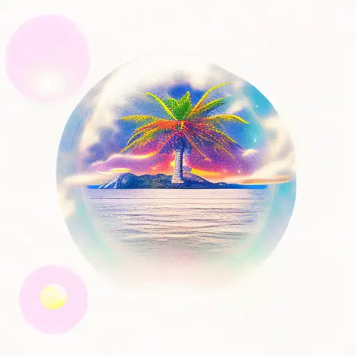 Island With Palm Tree And Sunset Fading Into Outerspace